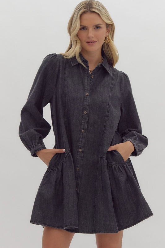 Denim Long Sleeve Collared Button Up Ruffled Mini Dress