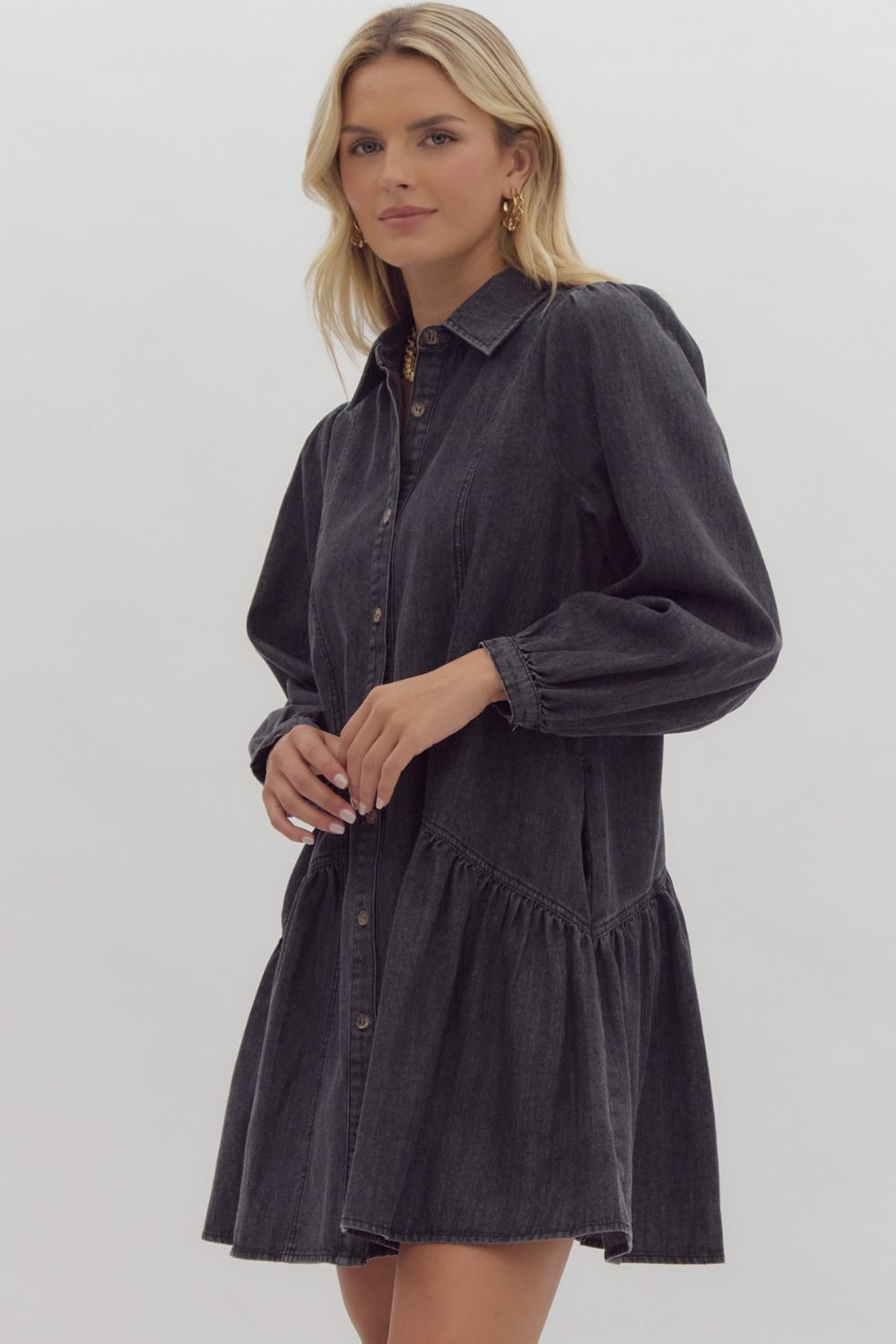 Denim Long Sleeve Collared Button Up Ruffled Mini Dress