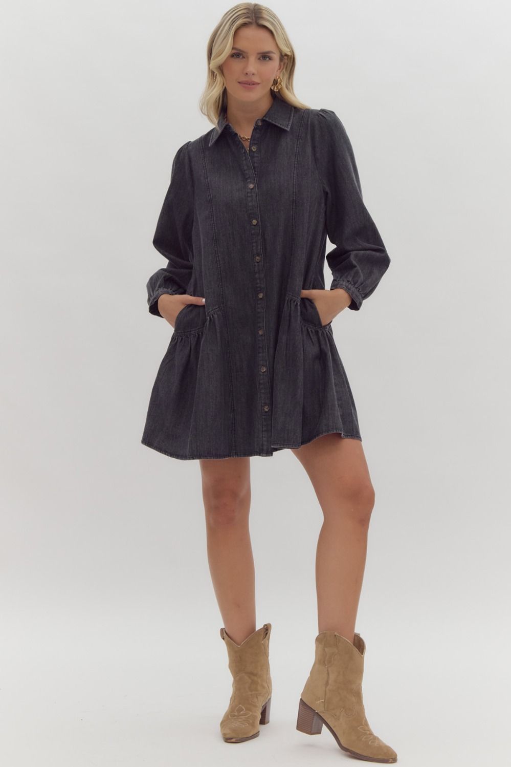 Denim Long Sleeve Collared Button Up Ruffled Mini Dress