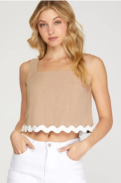 Square Neck Trim Woven Crop Top